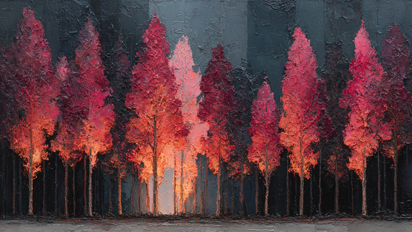 Crimson Grove forest art displayed on Samsung Frame TV - 4K digital download featuring coral pink and terracotta trees in amber-and-terracotta palette