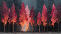 Crimson Grove forest art displayed on Samsung Frame TV - 4K digital download featuring coral pink and terracotta trees in amber-and-terracotta palette