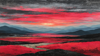 Dramatic expressionist landscape with crimson sunset horizon layered over dark mountain silhouettes in bold color transitions – digital art for Samsung Frame TV