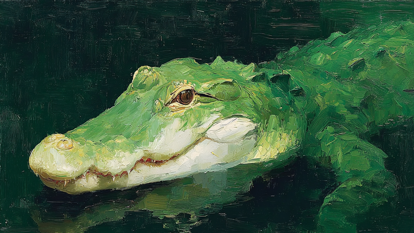 Silent Sentinel crocodile portrait displayed on Samsung Frame TV - 4K digital download featuring painterly reptile in murky sage and eucalyptus green waters