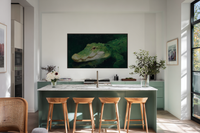Silent Sentinel crocodile portrait displayed on Samsung Frame TV - 4K digital download featuring painterly reptile in murky sage and eucalyptus green waters