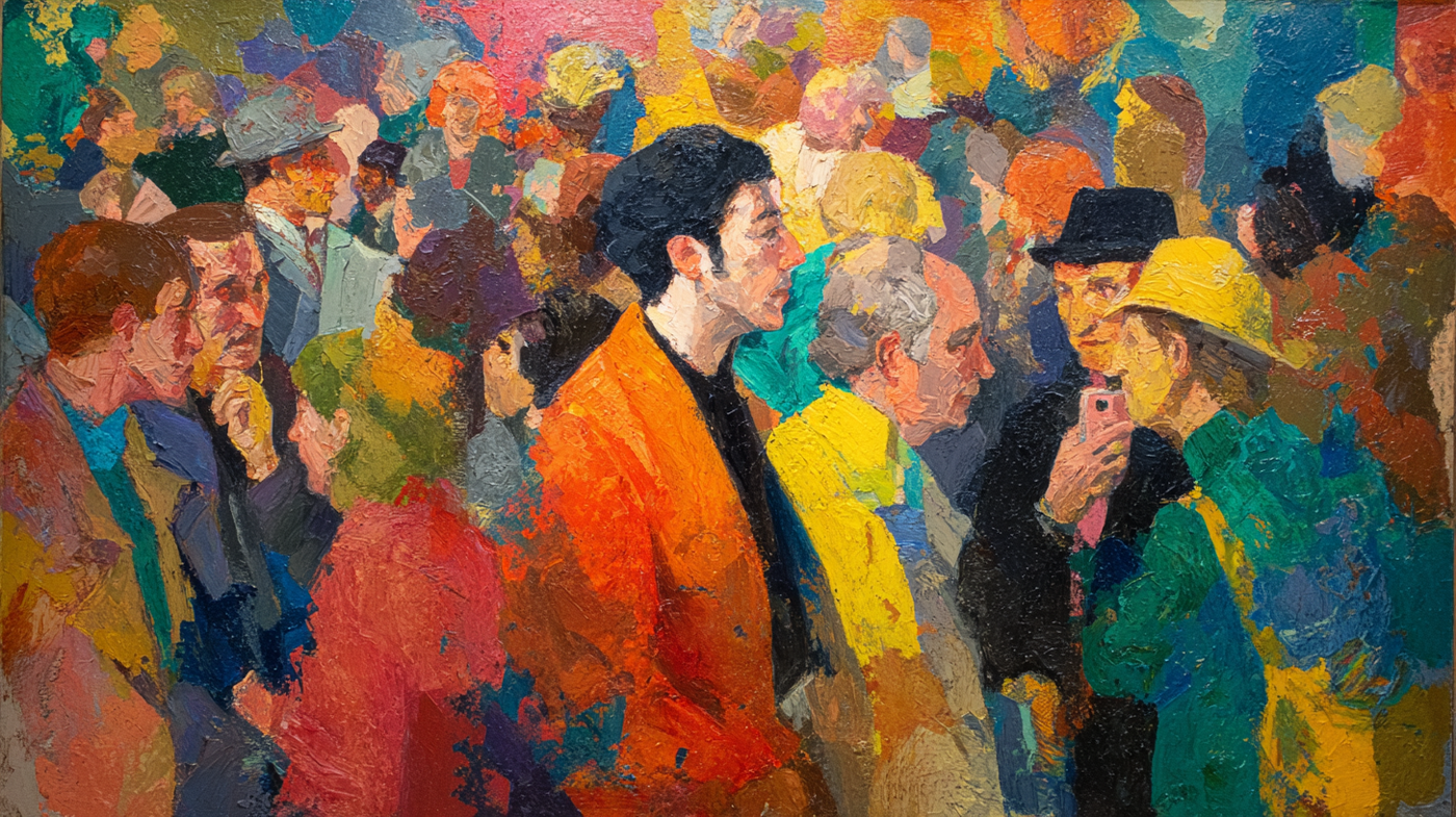 Crowd Dynamics festival artwork displayed on Samsung Frame TV showing colorful crowd celebration scene with vibrant jewel tones and community energy