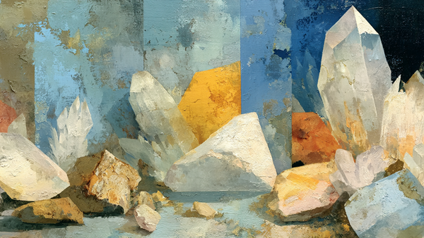 Crystal Formations Museum Light still life on Samsung Frame TV - 4K digital download featuring quartz specimens in soft cream taupe and linen tones