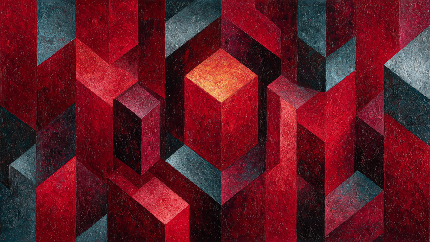 Crystalline Convergence geometric crystal art displayed on Samsung Frame TV - 4K digital download featuring jewel and velvet emerald blues and ruby red crystalline forms