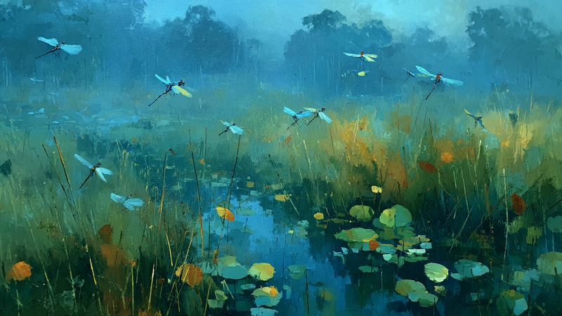 Damselflies Over Misty Pond