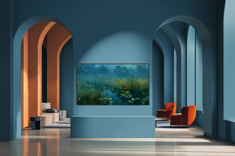 Damselflies Over Misty Pond