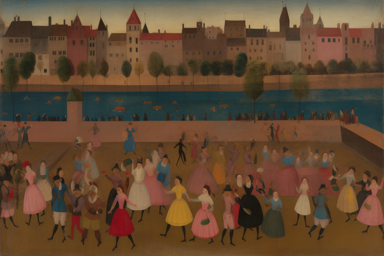 Dancers celebrating along the Seine in vibrant Parisian scene – Metzinger-inspired digital art for Samsung Frame TV