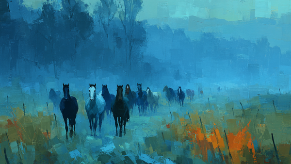 Dappled Horses Misty Paddock equine scene on Samsung Frame TV - 4K digital download featuring gray horses in morning fog with soft blue-gray tones