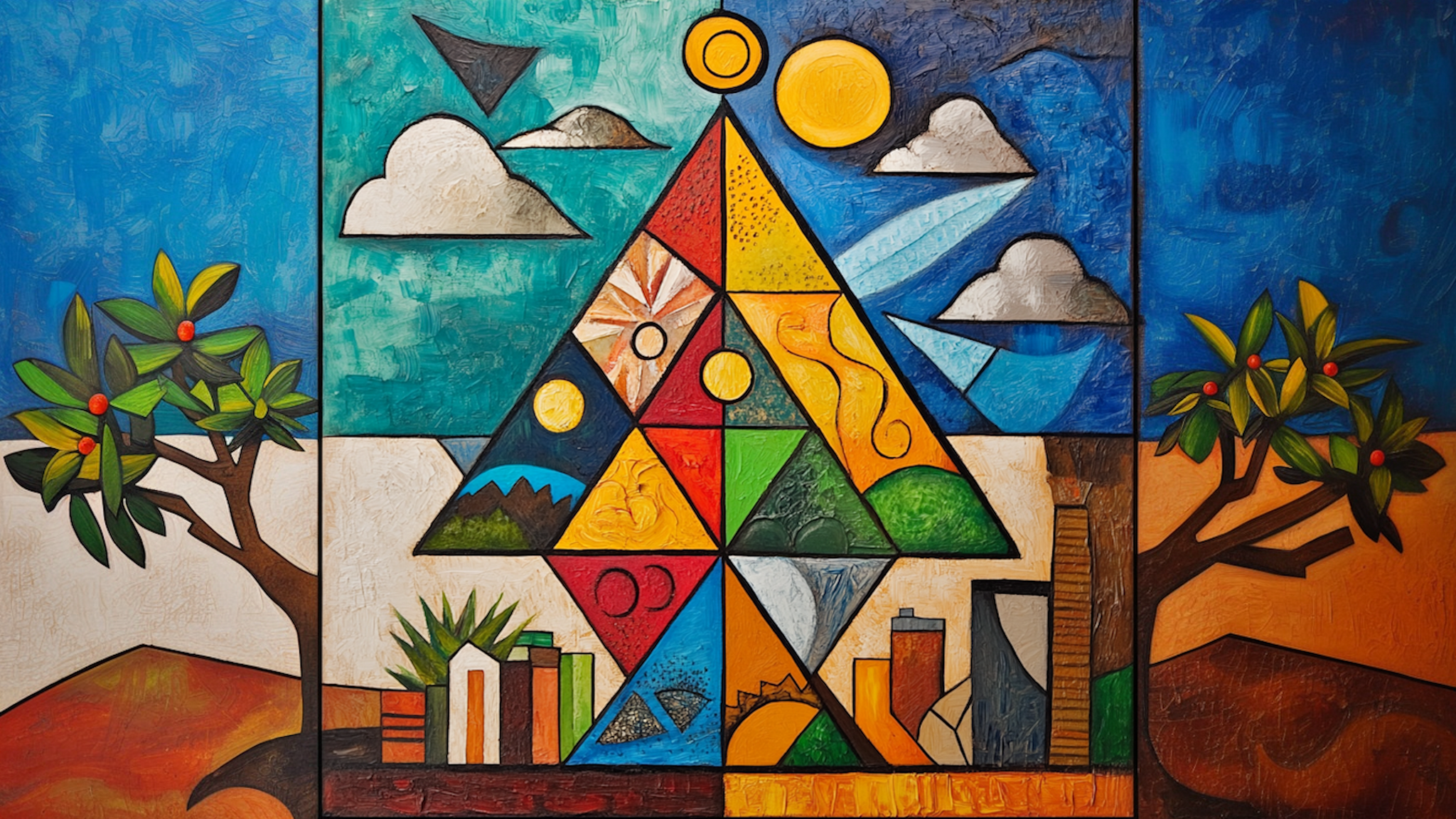 Desert Mosaic digital painting featuring a colorful geometric pyramid with symbolic sun, sky, trees, and city shapes—formatted for Samsung Frame TV.