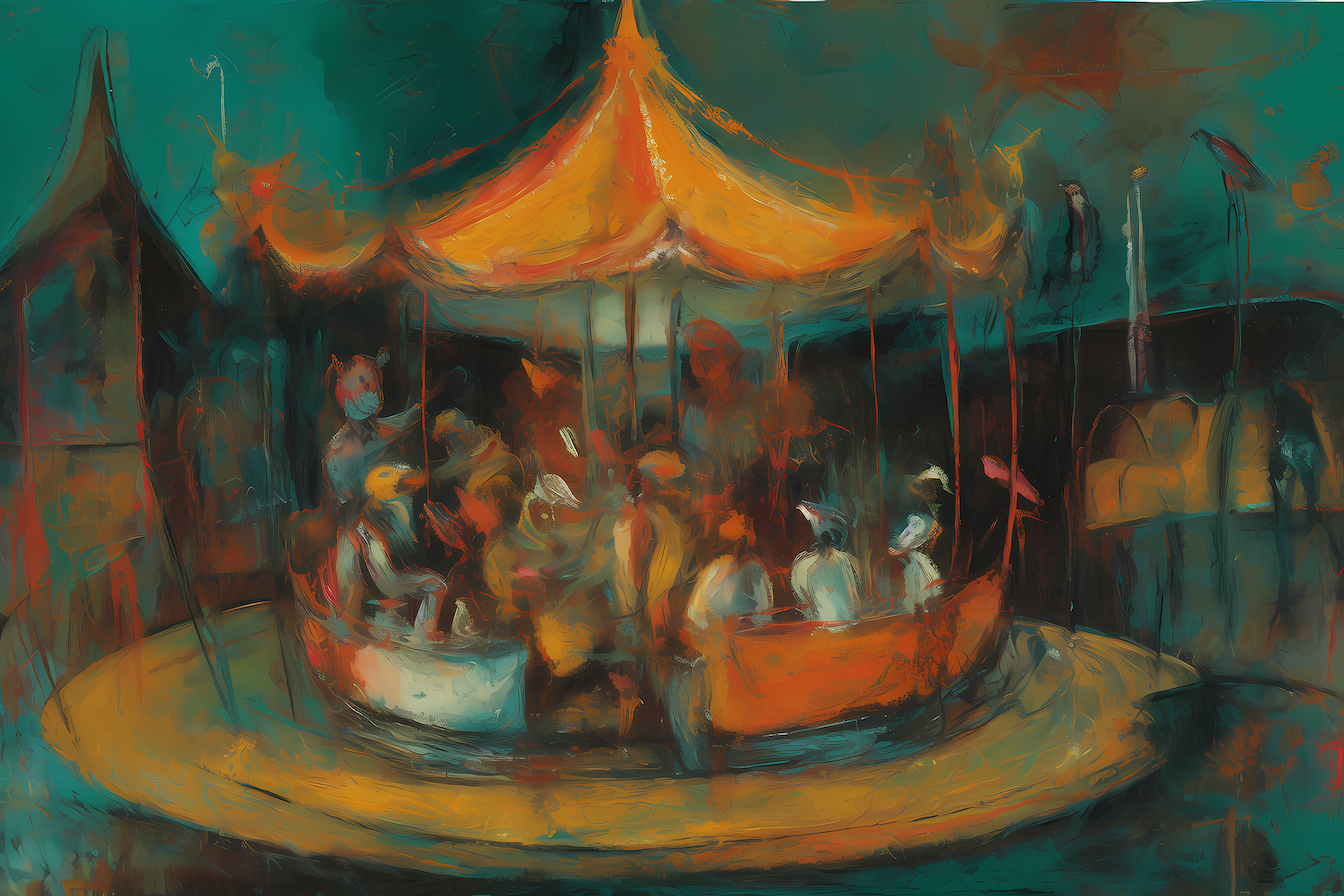 Surreal and eerie vintage carousel in dark, moody hues with expressive brushstrokes – digital painting for Samsung Frame TV