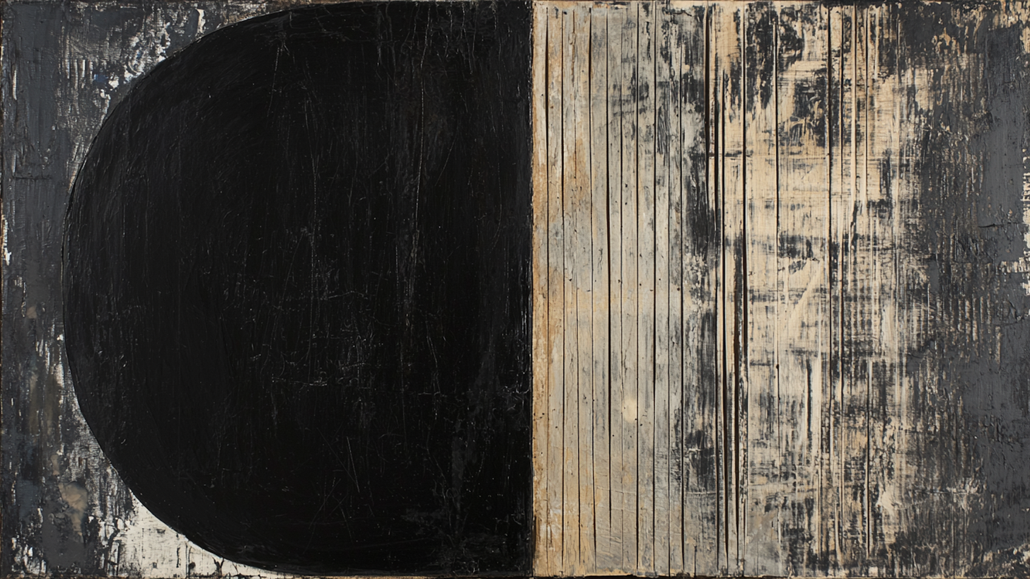 High-contrast geometric abstract with black semicircle and scraped vertical textures; perfect for modern Samsung Frame TV decor.