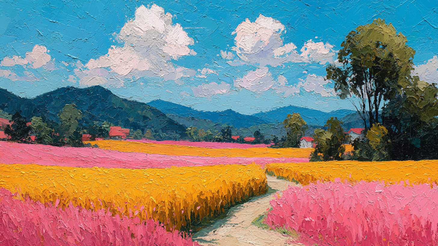 Dreamscape Harvest surreal agricultural landscape displayed on Samsung Frame TV - 4K digital download featuring hot pink and electric yellow vibrant fields with blue-purple mountains creating bold chromatic harvest scene