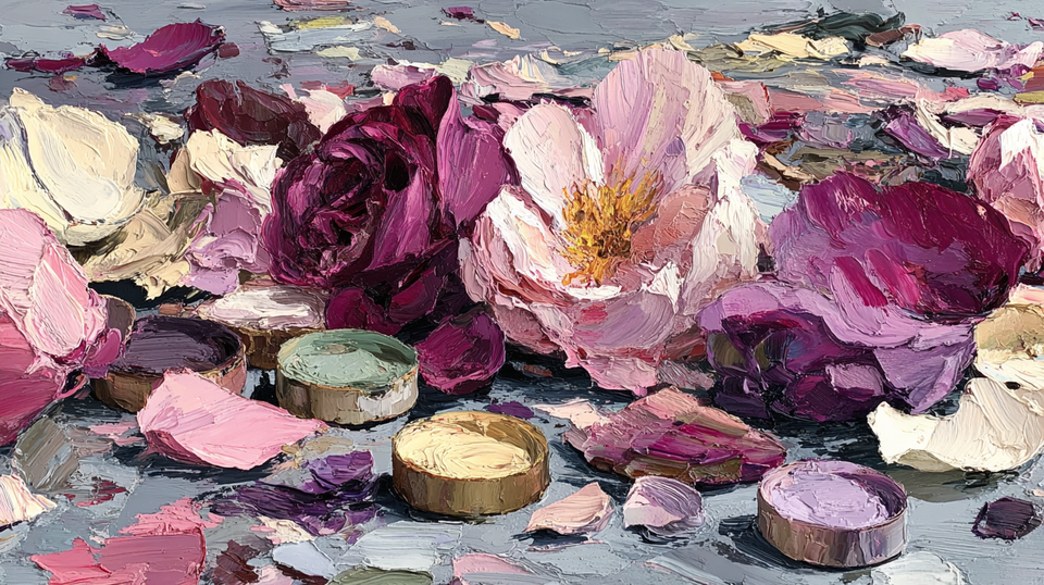 Dressing Table Twilight vanity scene displayed on Samsung Frame TV - 4K digital download featuring cosmetics and objects in blush and mauve tones