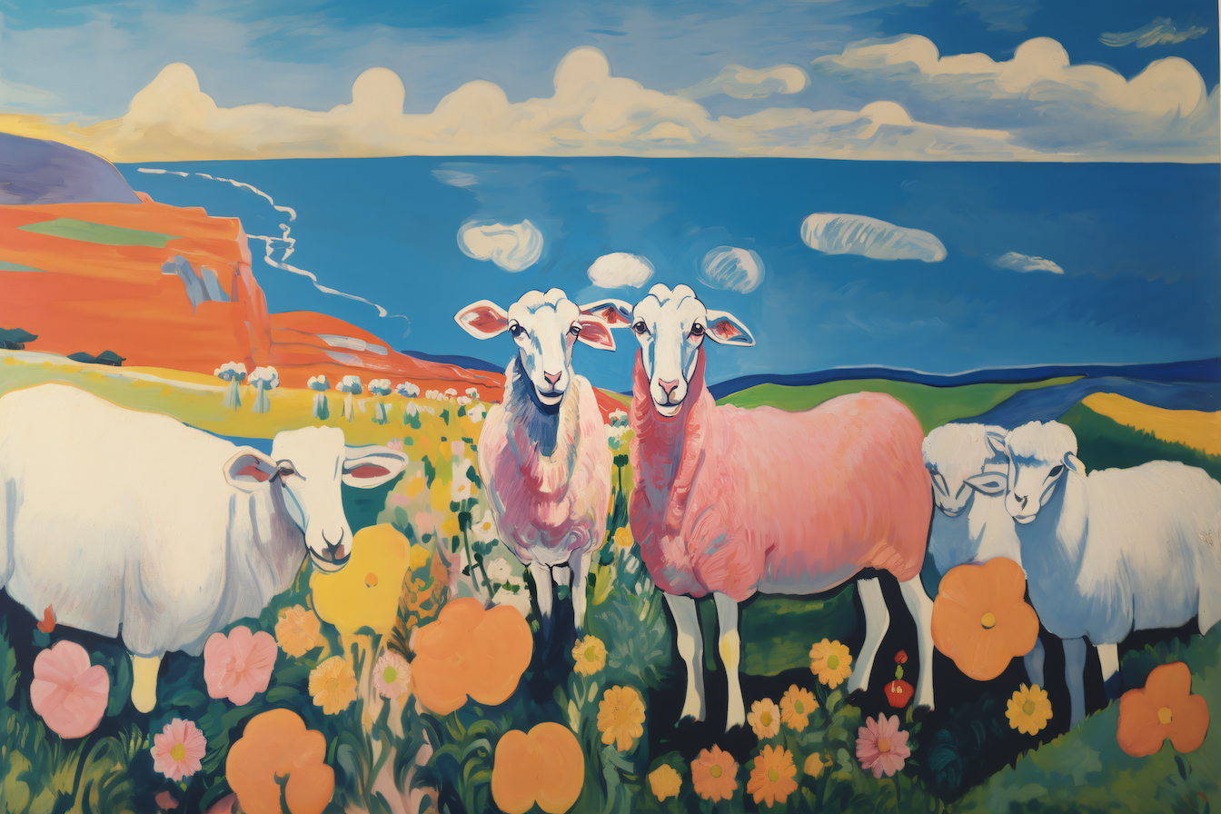 Whimsical sheep grazing in colorful coastal paradise – lively digital artwork for Samsung Frame TV