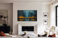 Dusk Reflections rainy city street at night displayed on Samsung Frame TV - 4K digital download featuring wet pavement with amber window lights in blue-gray and terracotta palette