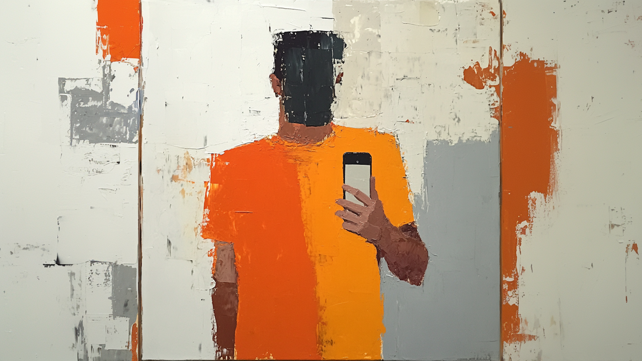 Striking self-portrait in orange and gray – conceptually bold high-resolution art for Samsung Frame TV