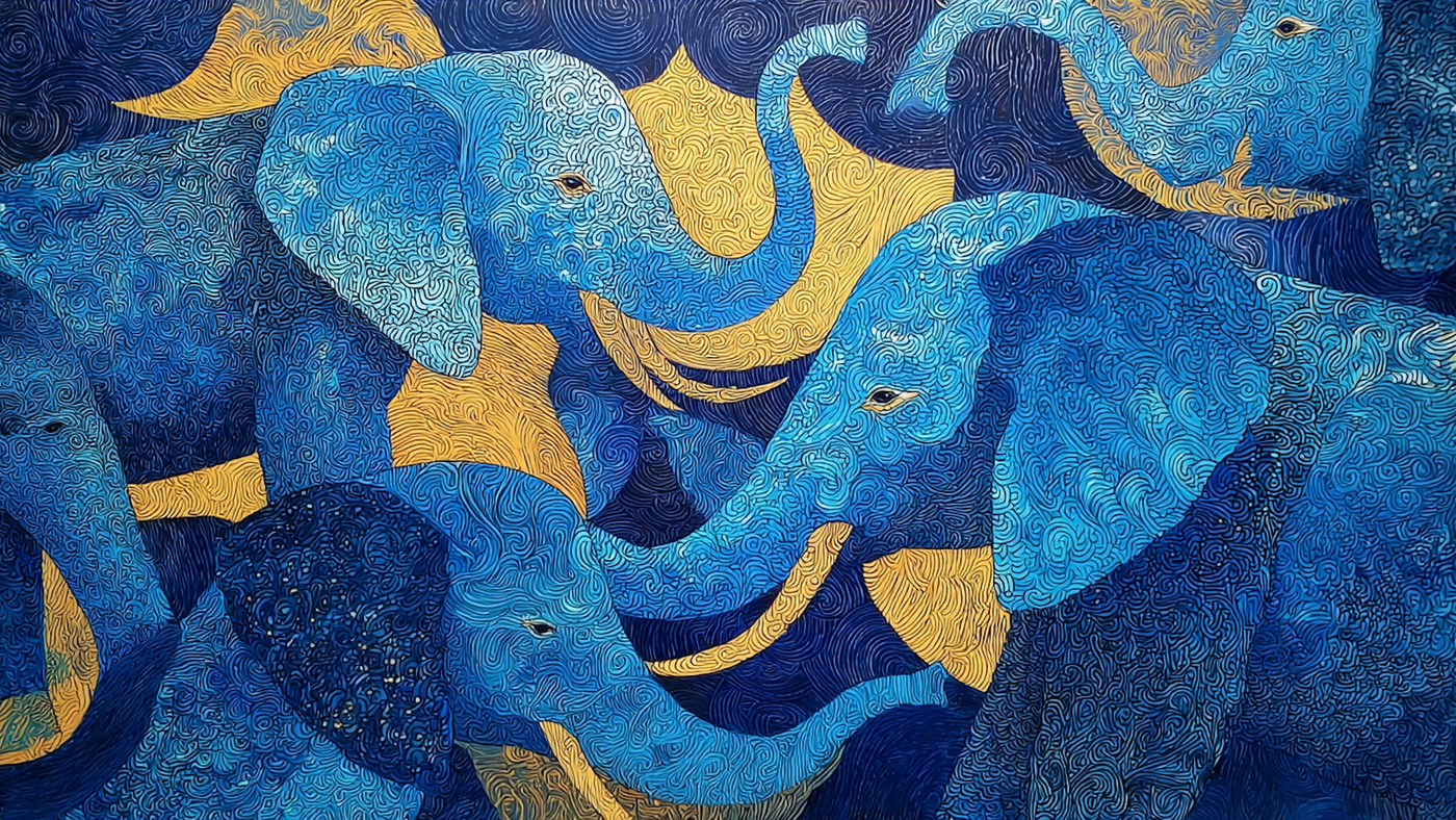 Elephant Moon Dance night kids art displayed on Samsung Frame TV - 4K digital download featuring blue elephants dancing with golden crescent moons and swirls