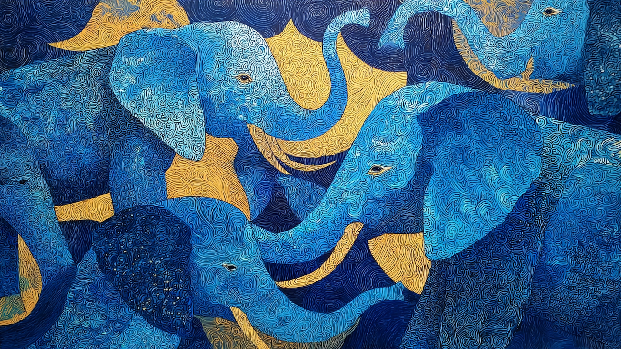 Elephant Moon Dance night kids art displayed on Samsung Frame TV - 4K digital download featuring blue elephants dancing with golden crescent moons and swirls