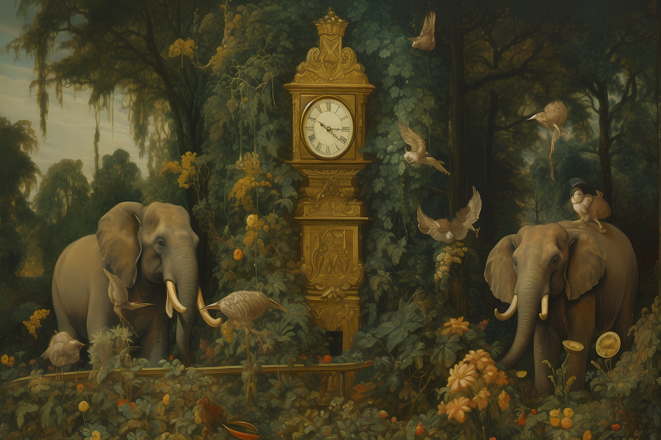 Elephants Guarding Time – Surreal Elephant Art for Samsung Frame TV | Art For Frame