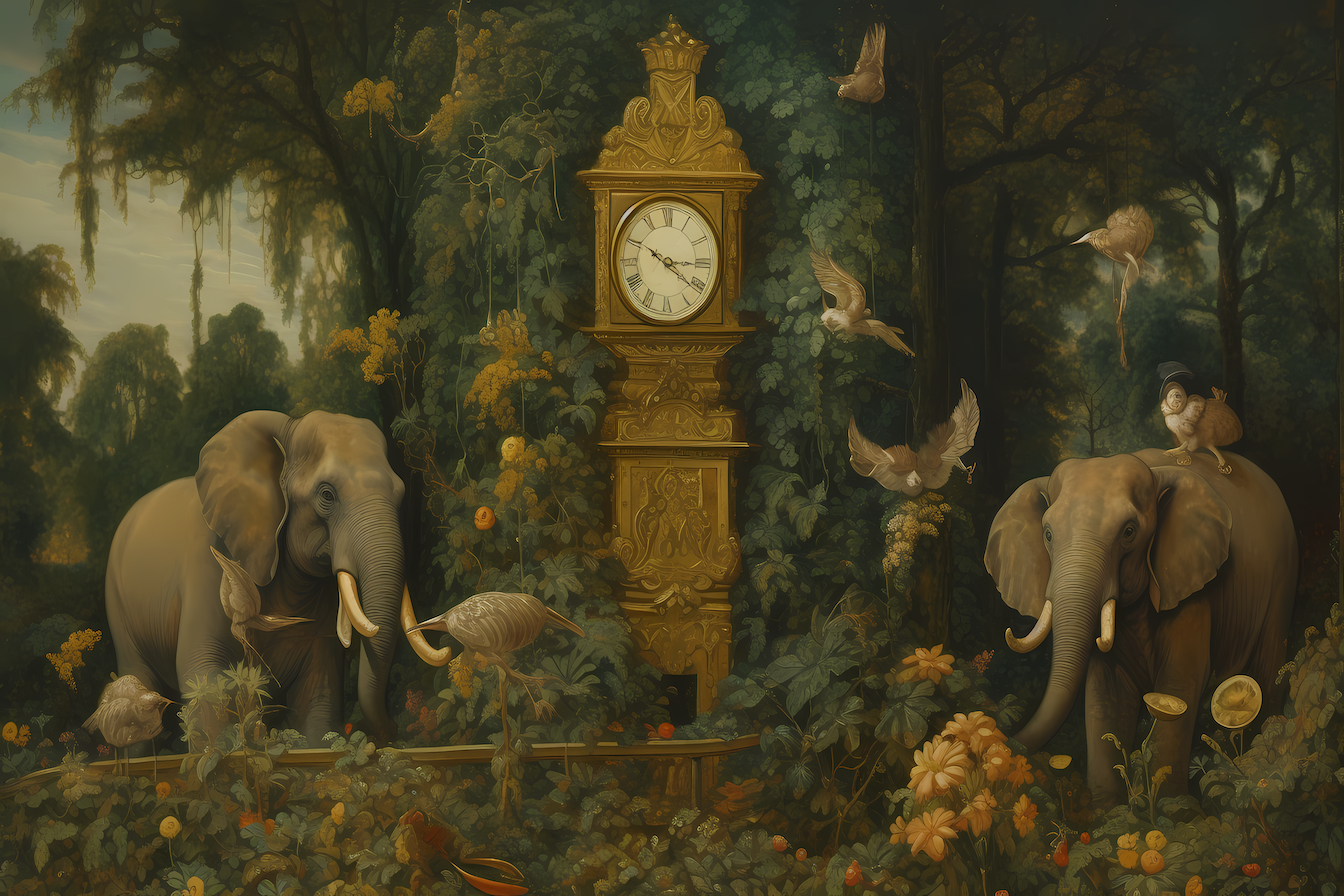 Majestic elephants standing guard in dreamlike setting – surreal digital artwork for Samsung Frame TV