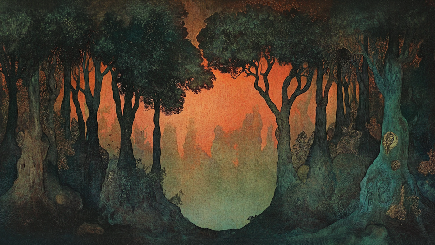 Glowing forest silhouette in enchanted storybook style – rich and moody 4K artwork for Samsung Frame TV