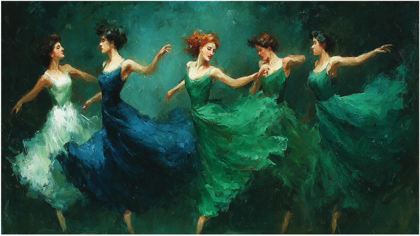 Emerald Corps Edgar Degas inspired ballet dancers displayed on Samsung Frame TV - 4K digital download featuring corps de ballet in flowing teal costumes and sage eucalyptus palette
