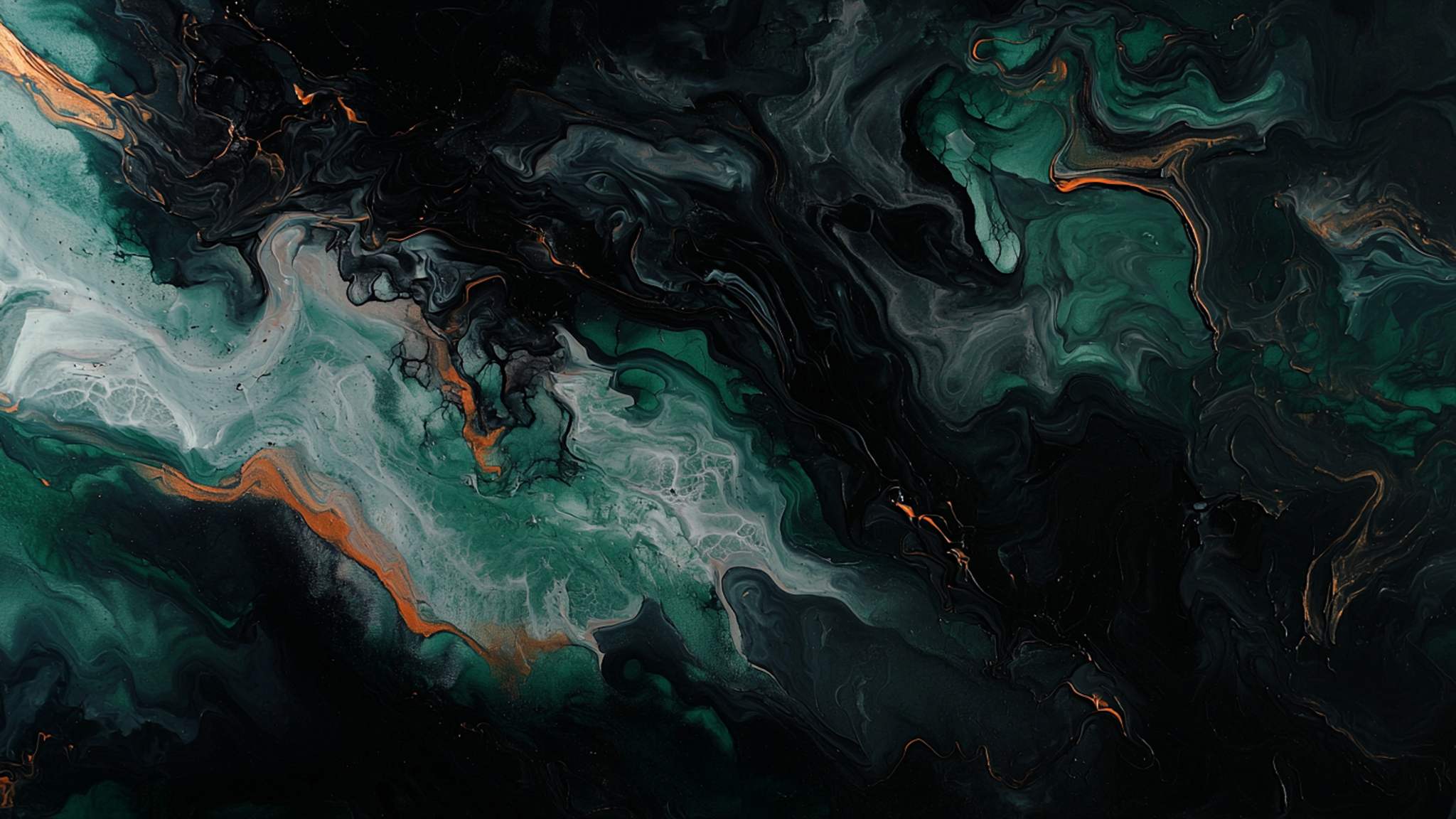 Green and black fluid art with copper accents – high-resolution Samsung Frame TV download