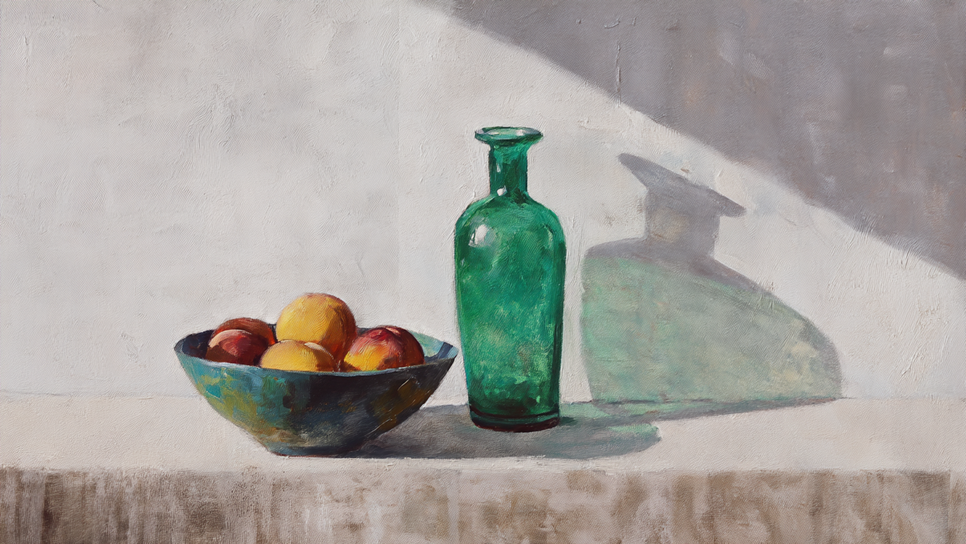 Contemporary still life with emerald green glass bottle and colorful fruit bowl with dramatic shadows – digital art for Samsung Frame TV