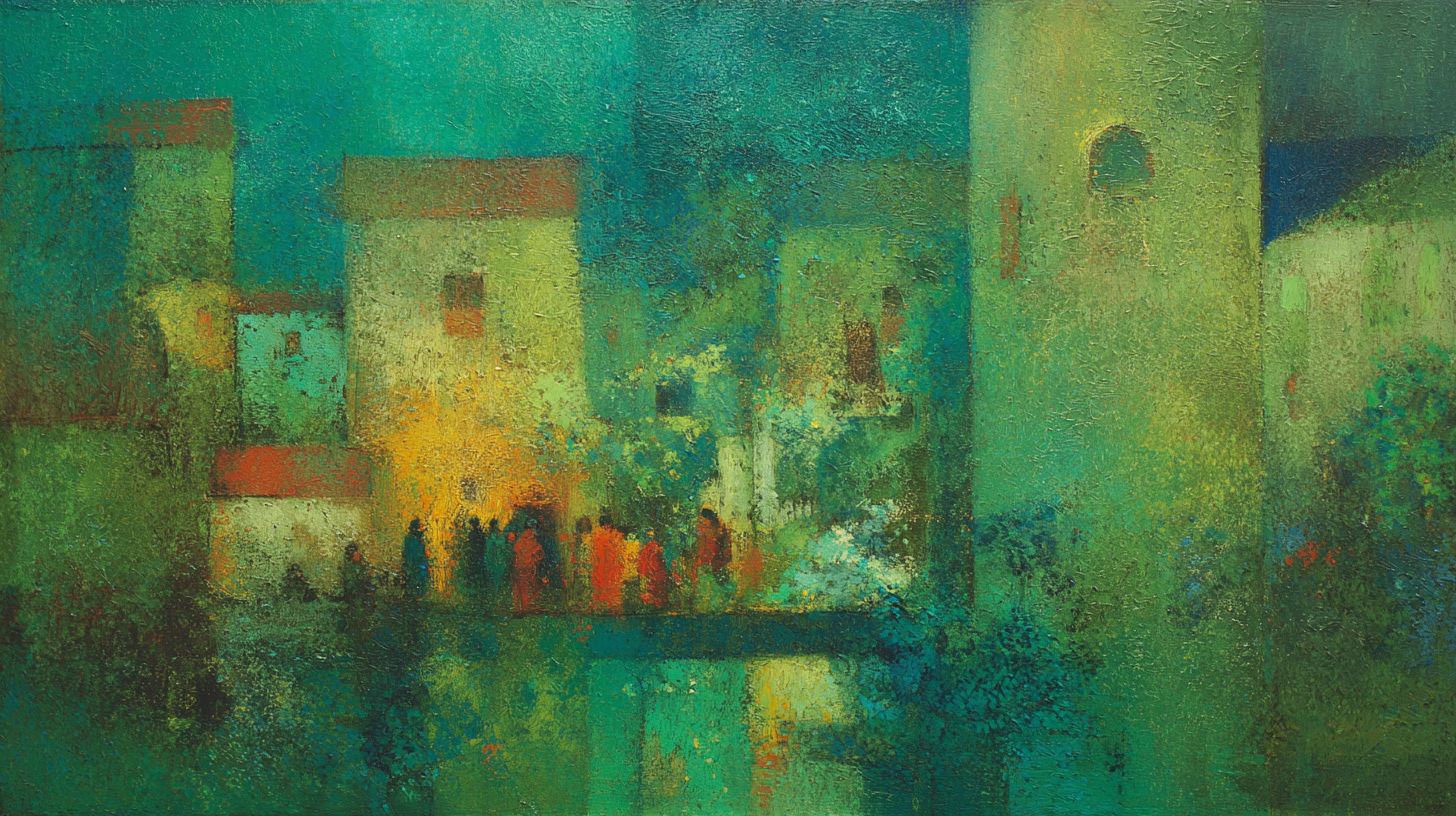 Abstract botanical composition with layered green geometric forms in sage, emerald and eucalyptus tones – digital art for Samsung Frame TV