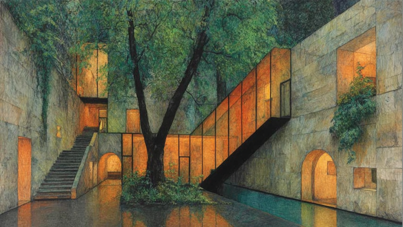 Abstract geometric interior with angular green walls orange accents and modernist architectural elements creating dynamic spatial composition