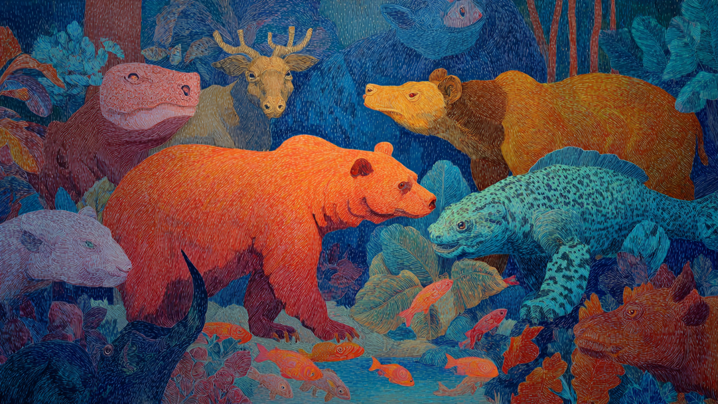 Enchanted Bear Forest woodland kids art displayed on Samsung Frame TV - 4K digital download featuring brown bears in coral and turquoise magical forest