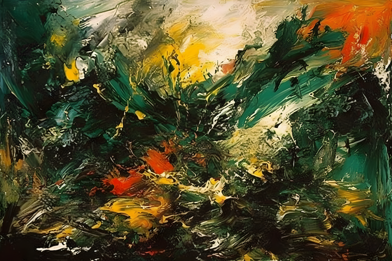 Abstract expressionism masterpiece blending deep forest greens, vibrant golds, and fiery orange tones – digital artwork for Samsung Frame TV