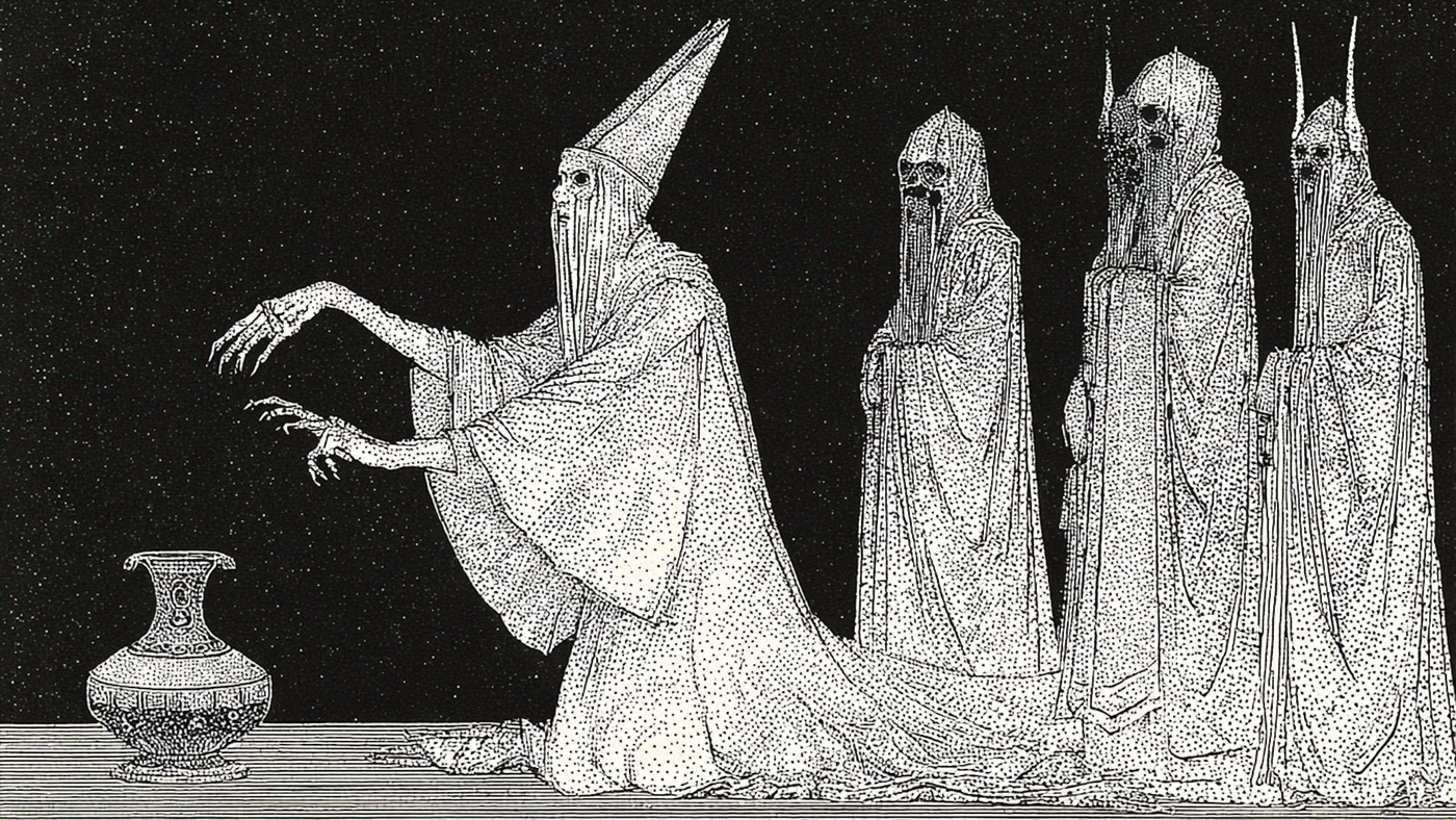 Ethereal Assembly spiritual artwork displayed on Samsung Frame TV showing draped figures in soft stone and linen white tones against dark background