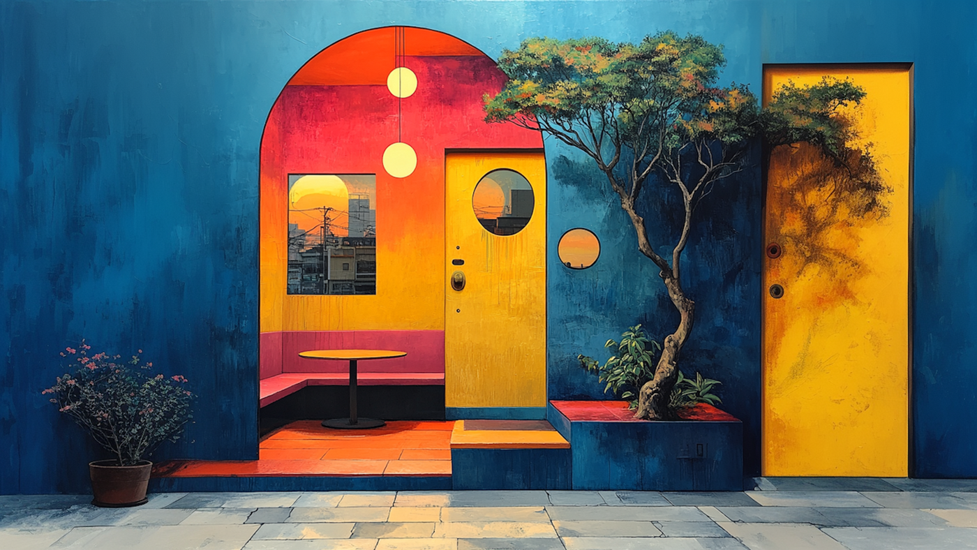 Glowing urban architectural sunset scene with modern geometry – 4K digital art for Samsung Frame TV