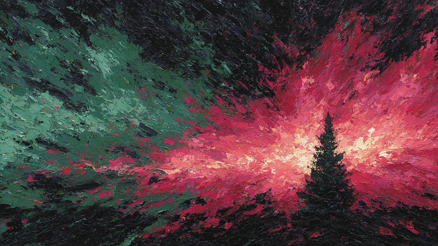 Primal Celebration expressionist Christmas art displayed on Samsung Frame TV - 4K digital download featuring Francis Bacon-style Christmas tree in ruby emerald and amethyst jewel tones