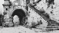 Fallen Portico displayed on Samsung Frame TV - 4K digital download featuring a crumbling stone arch and broken staircase in pen and ink