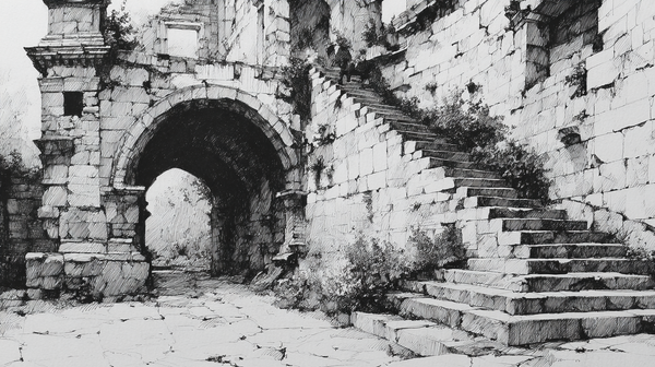 Fallen Portico displayed on Samsung Frame TV - 4K digital download featuring a crumbling stone arch and broken staircase in pen and ink