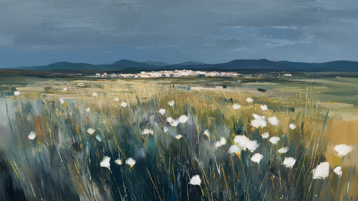 Far Bloom – Painterly landscape of white wildflowers in a breezy field with a distant village under a moody blue sky, formatted for Samsung Frame TV