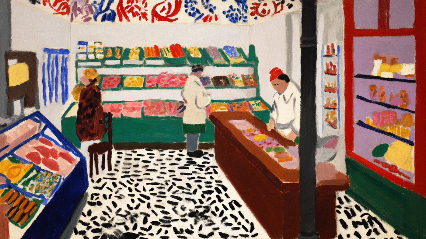 Fauve Market Matisse-inspired artwork displayed on Samsung Frame TV showing grocery store interior with bold patterns in emerald green and ruby red jewel tones
