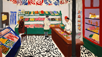 Fauve Market Matisse-inspired artwork displayed on Samsung Frame TV showing grocery store interior with bold patterns in emerald green and ruby red jewel tones