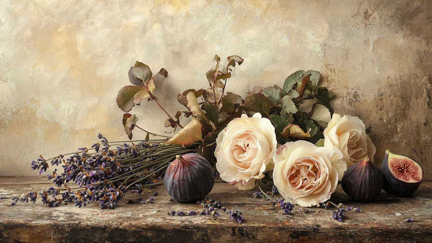 Fig & Bloom – Soft vintage still life of cream roses, figs, and lavender on rustic wood, formatted in 4K for Samsung Frame TV
