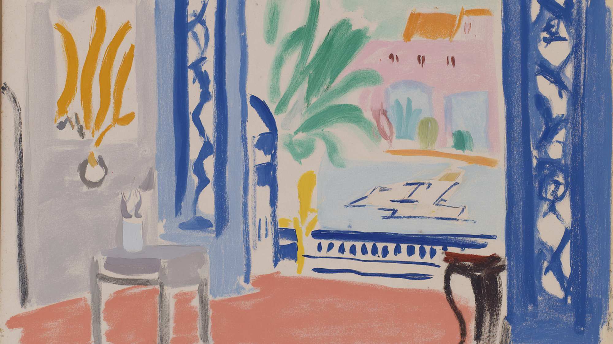 Financial District Interior Matisse-style art displayed on Samsung Frame TV - 4K digital download featuring amber and terracotta warm interior with banking office elements
