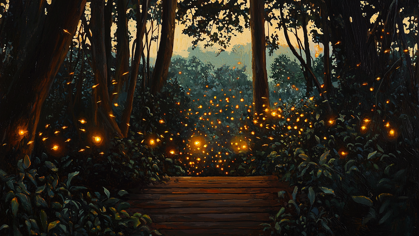 Firefly Grove – Glowing fireflies in a painterly forest path, formatted for Samsung Frame TV