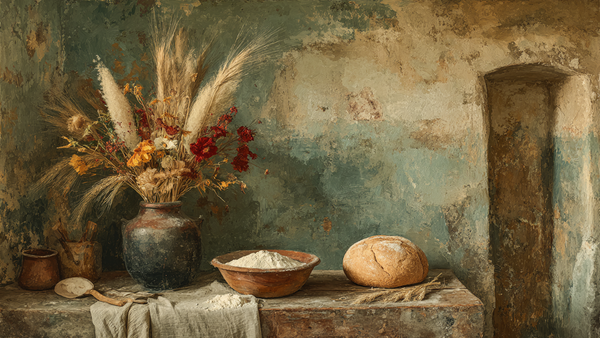 Flour Dusted Marble Surface still life on Samsung Frame TV - 4K digital download featuring baking scene in soft gray cream and warm taupe tones