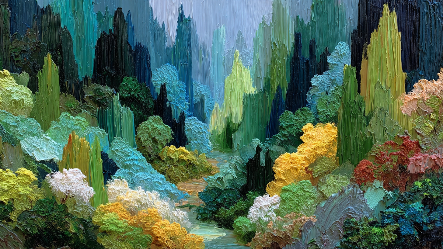 Mystical forest cathedral with emerald greens and sapphire depths featuring towering trees for Samsung Frame TV and HiSense CanvasTV display