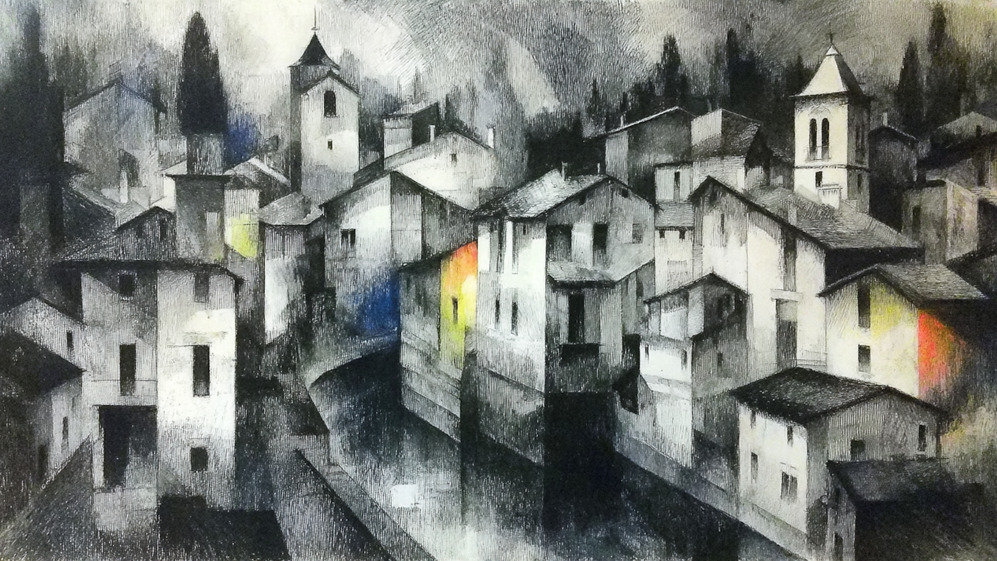 Geometric cubist cityscape with fragmented buildings in black white and gray creating abstract architectural composition with multiple perspectives