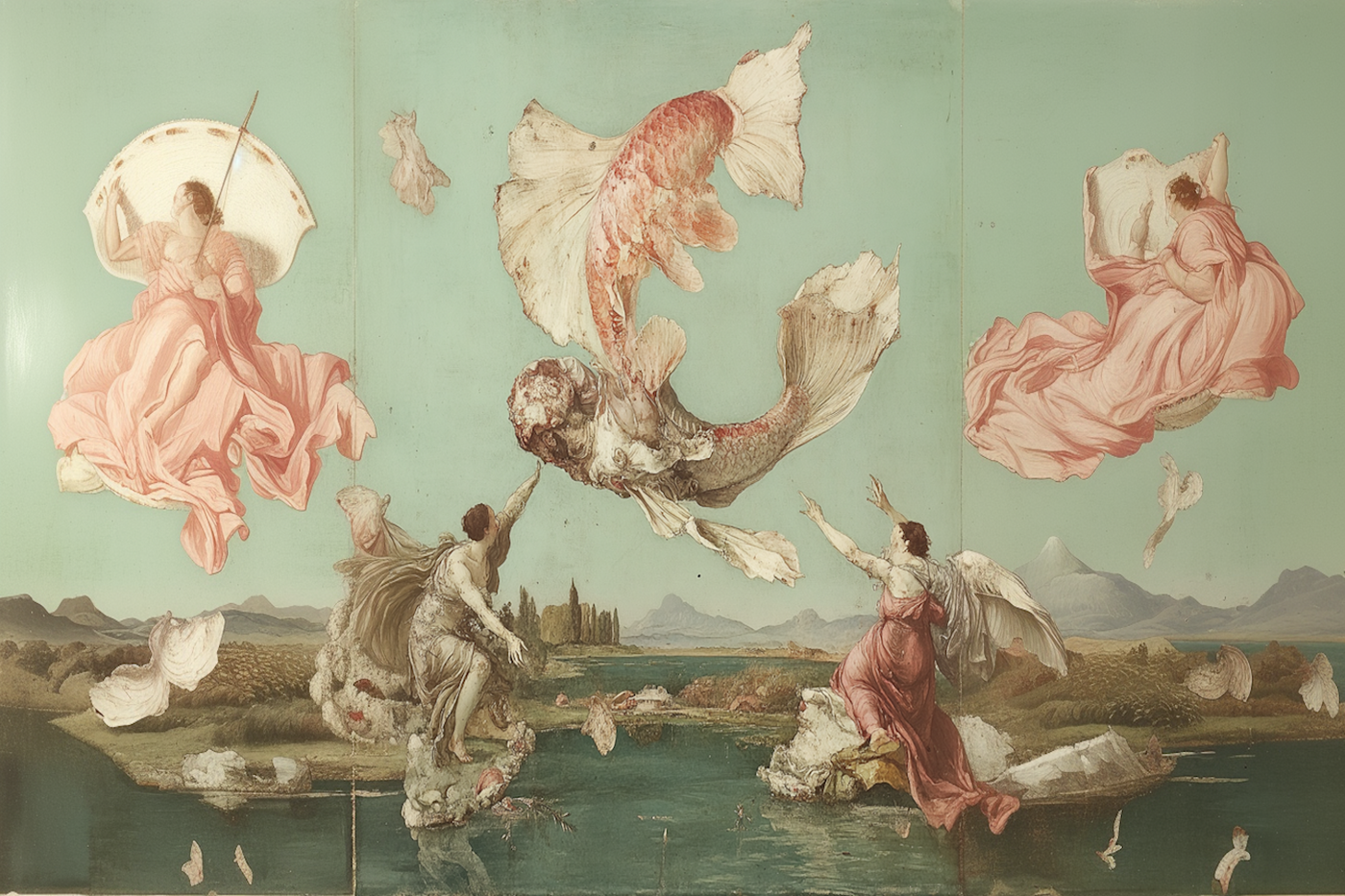 Mythic surreal artwork with koi fish in ethereal and romantic style – free digital art for Samsung Frame TV