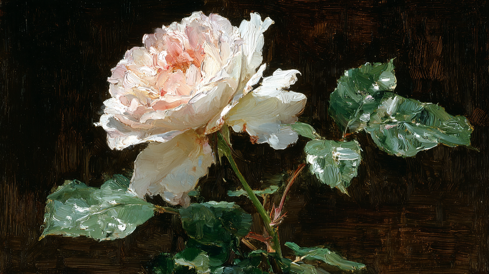 Elegant garden peony with cream ruffled petals and jade foliage in classical botanical style with dramatic lighting – digital art for Samsung Frame TV