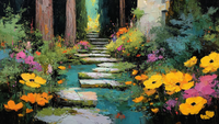 Vibrant cottage garden with stone path through colorful wildflowers – 4K digital art for Samsung Frame TV and HiSense CanvasTV