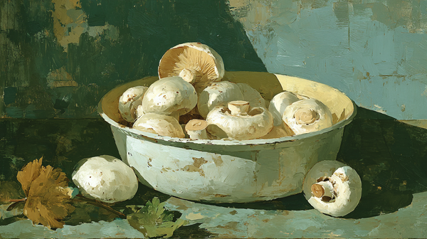 Gathered Button Mushrooms still life displayed on Samsung Frame TV - 4K digital download featuring white mushrooms in sage and eucalyptus palette